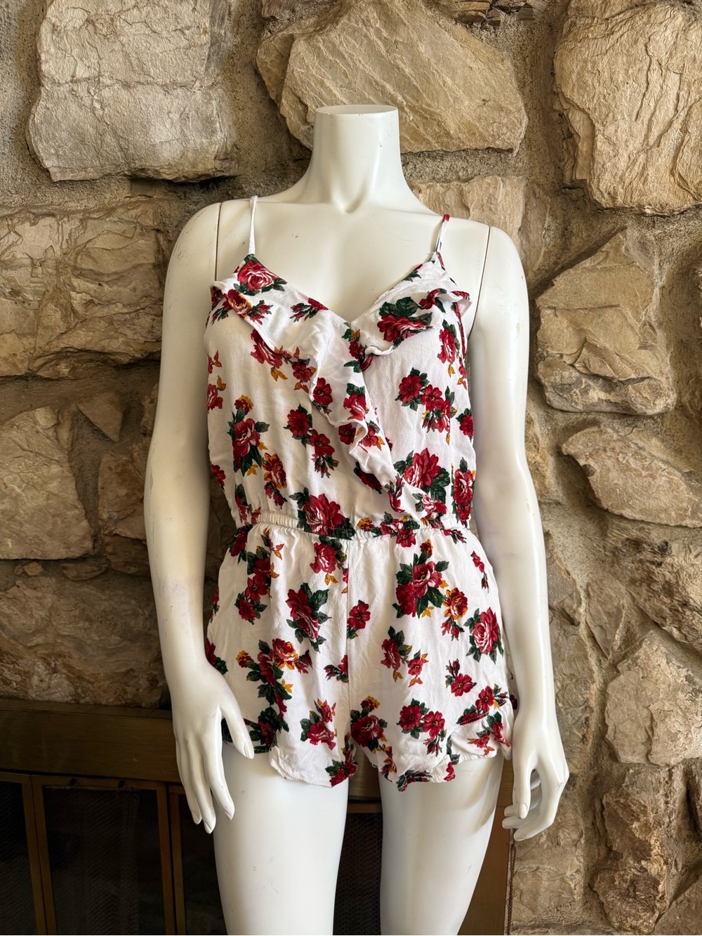Papaya White Romper with Red Rose Print